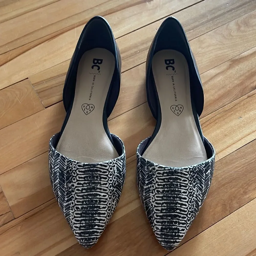 BC Born in California open side flats. Patterned front. Solid black heel. Size 8